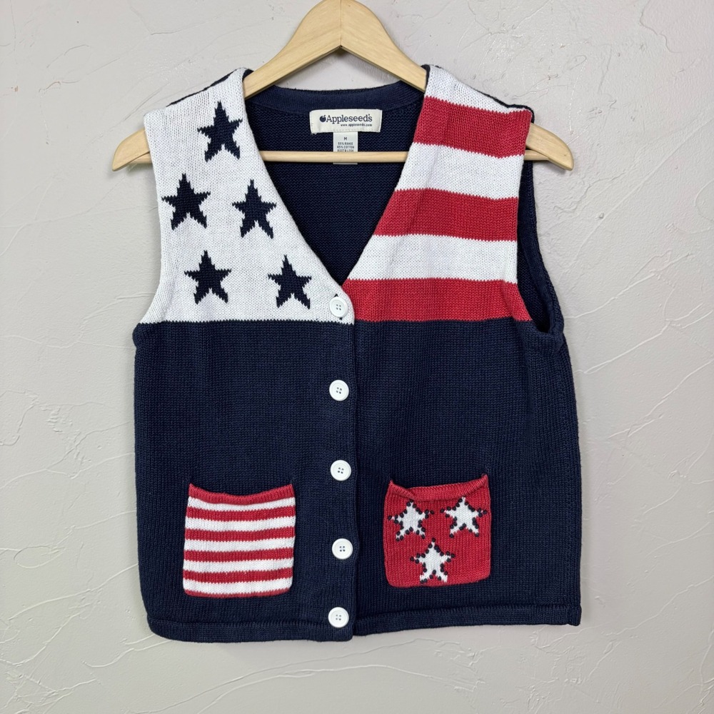 Vintage American Flag Knit Vest Womens Medium Stars Stripes USA Americana